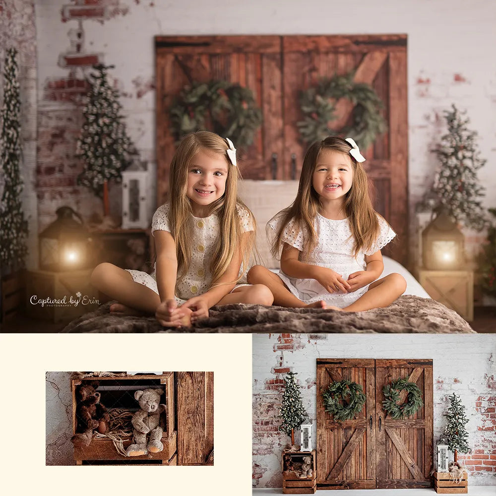 Arrière-plan de tête de lit de noël pour filles, photographie de Portrait d'enfants, arbres de noël, porte de grange, lit, planche de bois, arrière-plan pour studio photo 