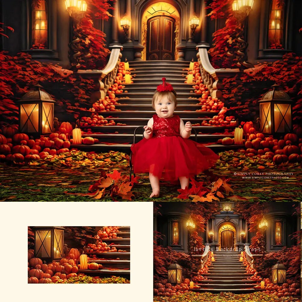 Arrière-plan avant de manoir de récolte d'automne, accessoires de photographie pour enfants et bébés, arrière-plan de château de feuilles de forêt pour Festival d'automne pour enfants et adultes 