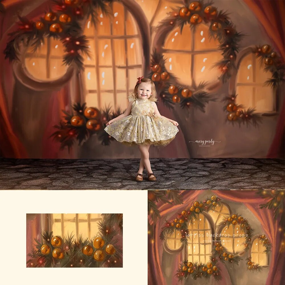 Xmas Winter House Front Photgraphy Backdrops Kids Girl Portrait Props WIndows Christmas Fruitful Winter Room Background