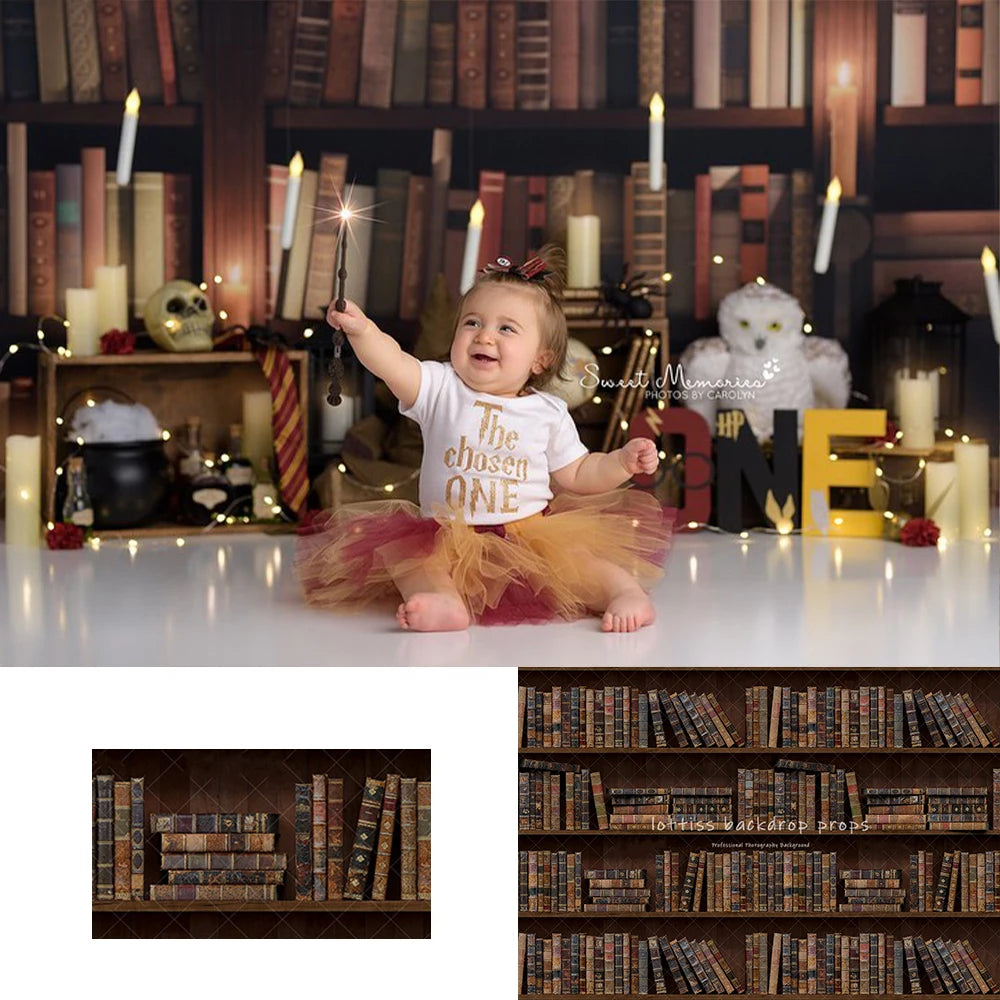 Book Shelf Library Backdrops Kids Baby Birthday Cake Smash Photocall Child Adult Photocall School Wizard Theme Backgrounds