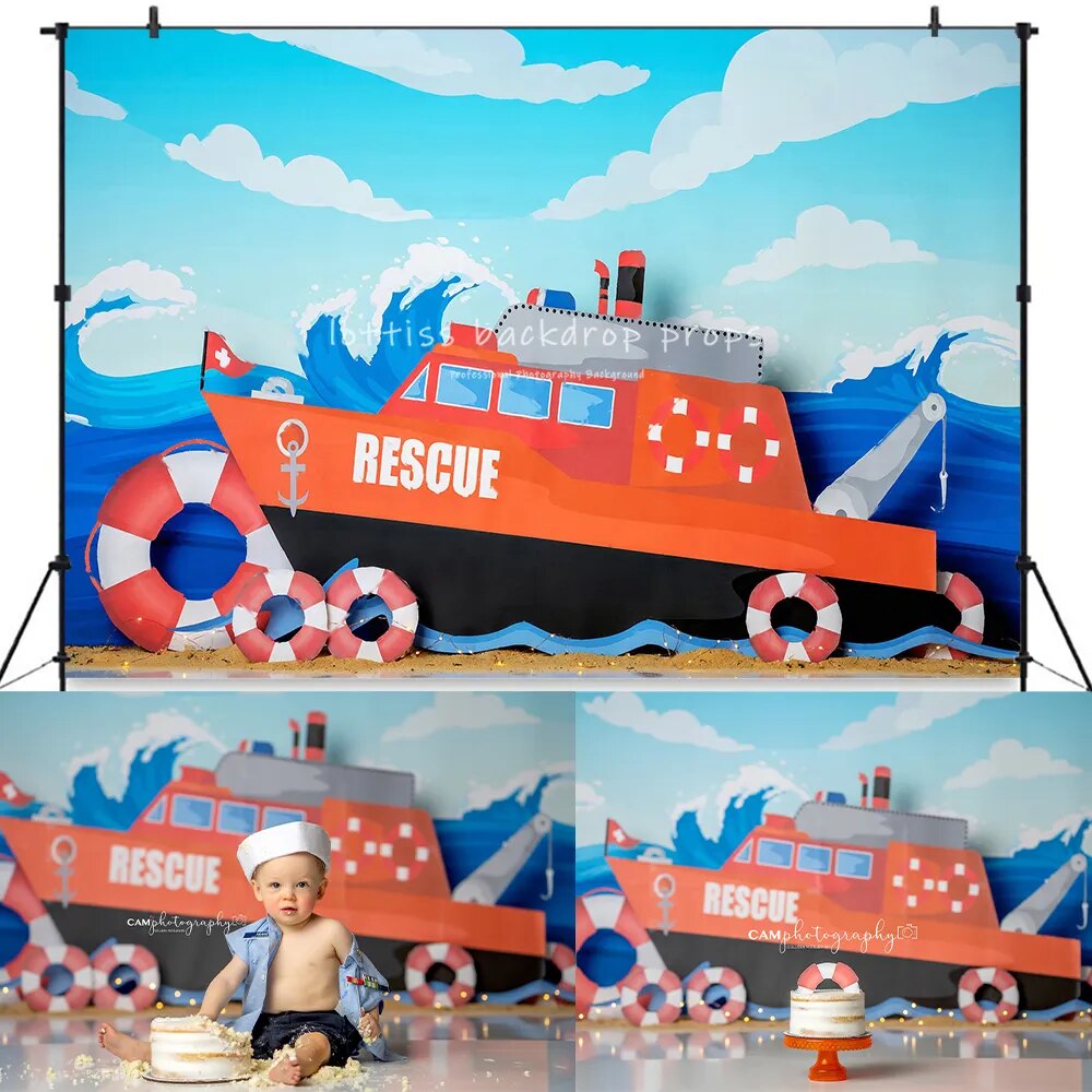 Coast Guard Rescue Backdrops Kids Baby Cake Smash Photography Props Child Adult Photocall Boat Background