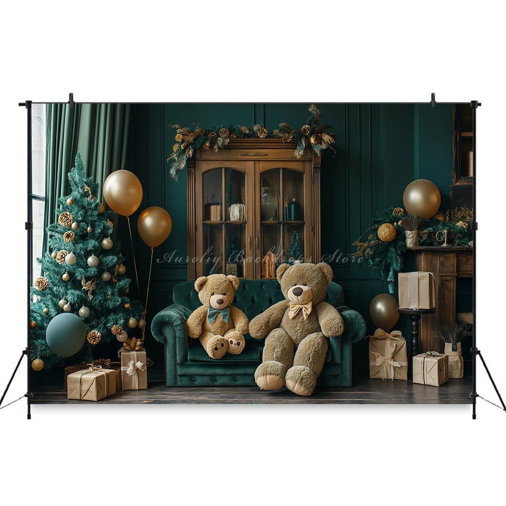 Christmas Theme Little Bear Backdrop Kids Baby Cake Smash Photography Props Fireplace Child Adult Photo Studio Backgrounds