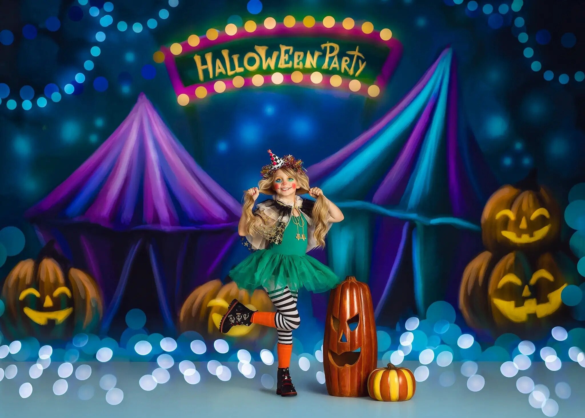 Arrière-plan de fête d'halloween, photographie d'enfant et adulte, tente de cirque, lanterne de citrouille, décor de gâteau d'anniversaire, arrière-plan de Festival Smash 