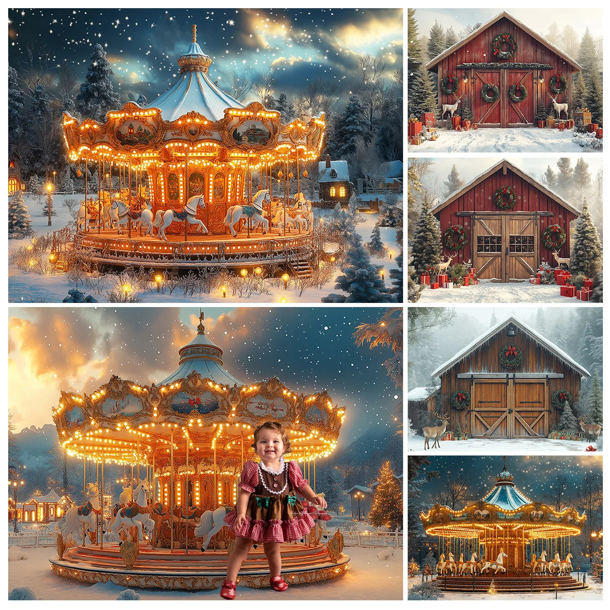 Winter Carousel Wooden Barn Cottage Backdrops Kids Adult Photography Child Baby Photocall Snowflake Forest Backgrounds