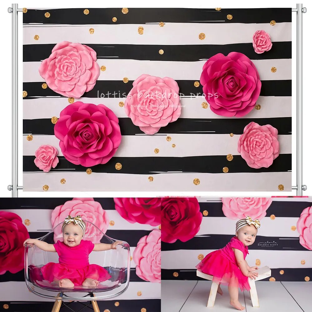 Rose Floral Wall Backdrops Kids Cake Smash Props Children Baby Portrait Photocall Black White Wall Garden Background