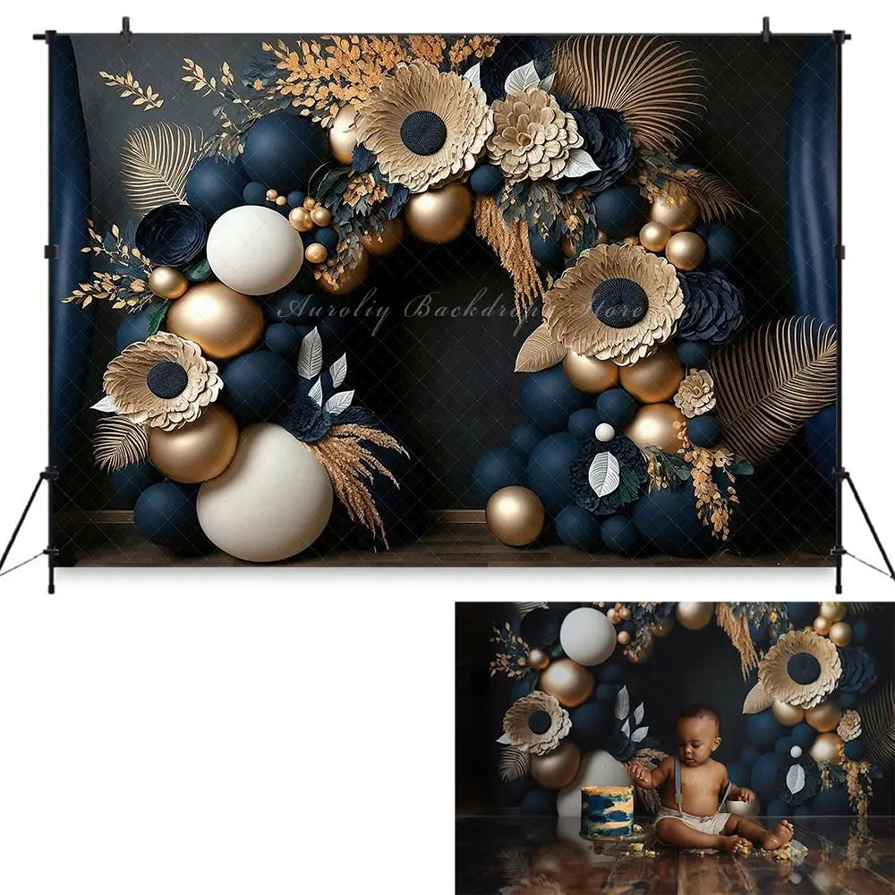 Navy Gold Floral Balloon Garland Backdrop Kids Baby Cake Smash Photography Props Child Boys Adult Birthday Backgrounds