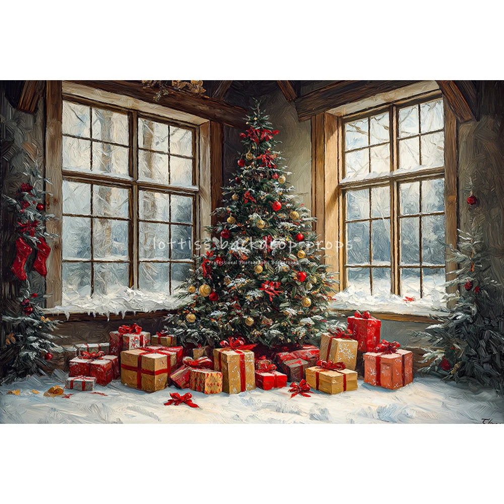 Xmas Window Big Christmas Tree Backdrops Kids Adult Photography Child Baby Photocall Fireplace Backgrounds