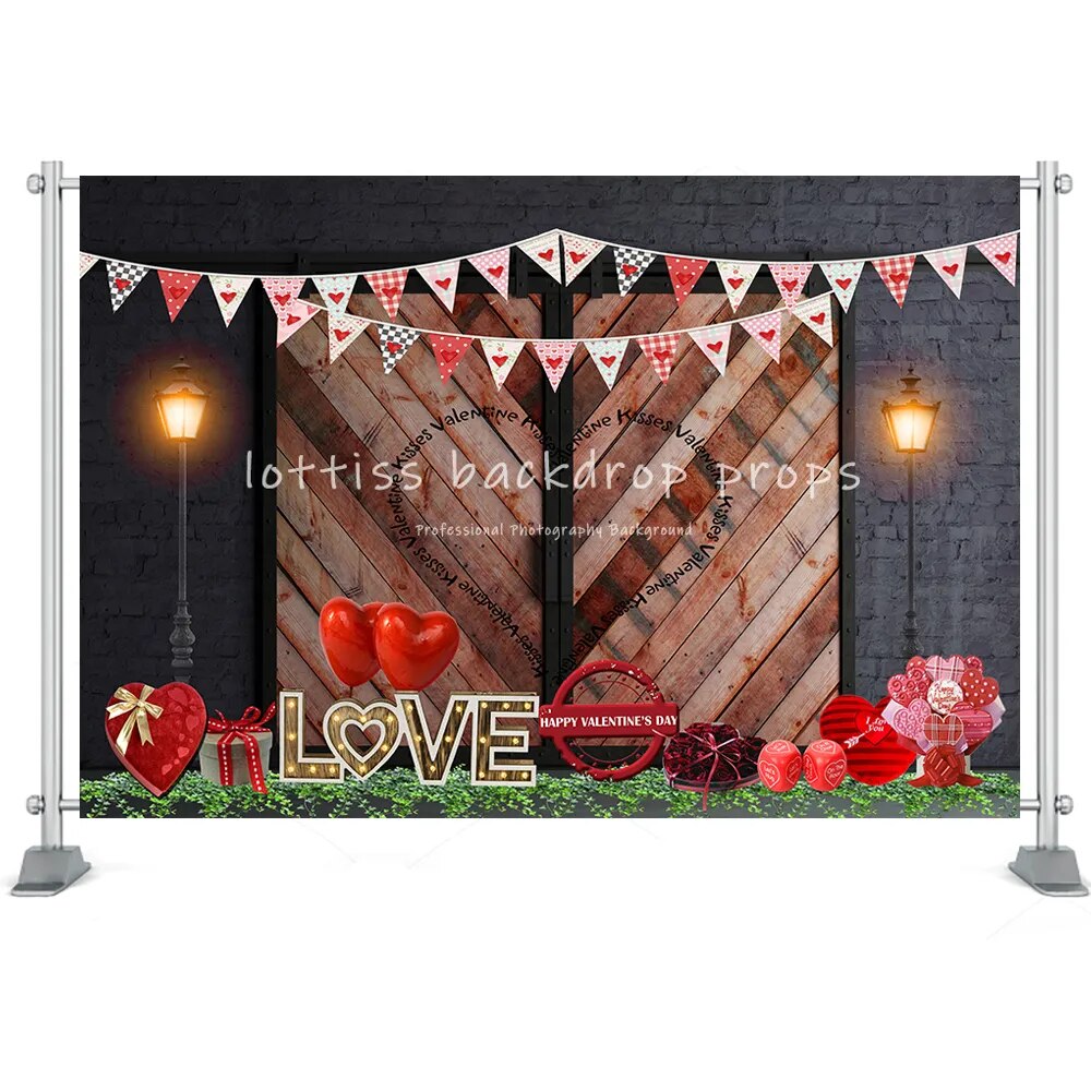 Valentine's Day Backdrop Brick Wall Wood Door Red Rose Heart Flower Shop Brick Wall Photo Background Studio Photoshoot Props