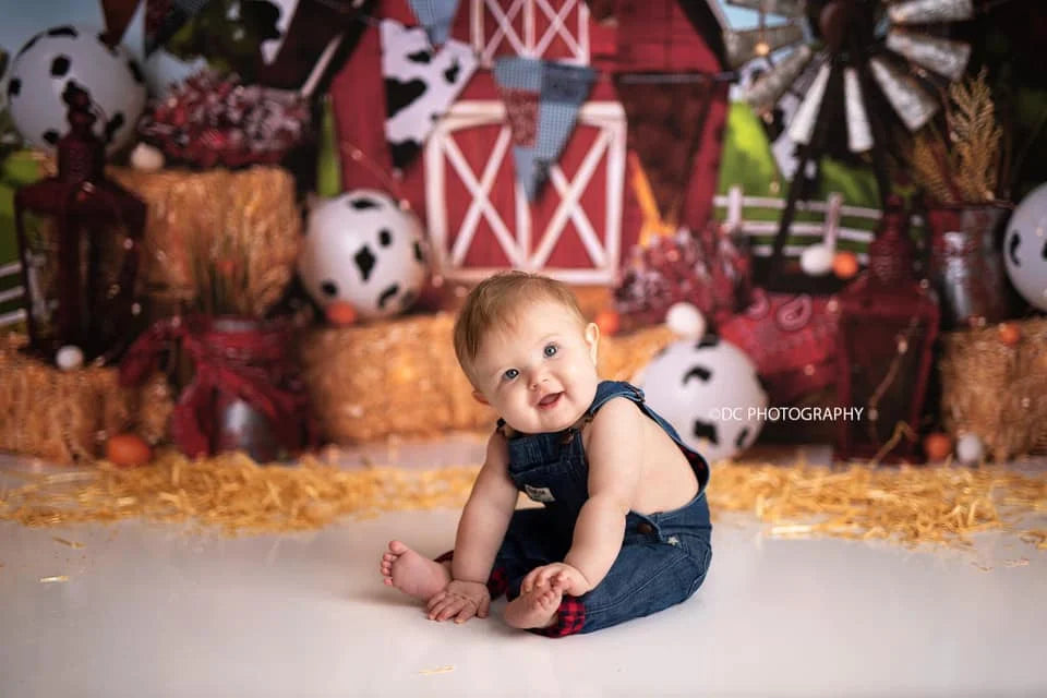 Farm Theme Backdrop Red Barn and Cow Kids Baby Cake Smash Photography Props Child Adult 1st Birthday Studio Backgrounds