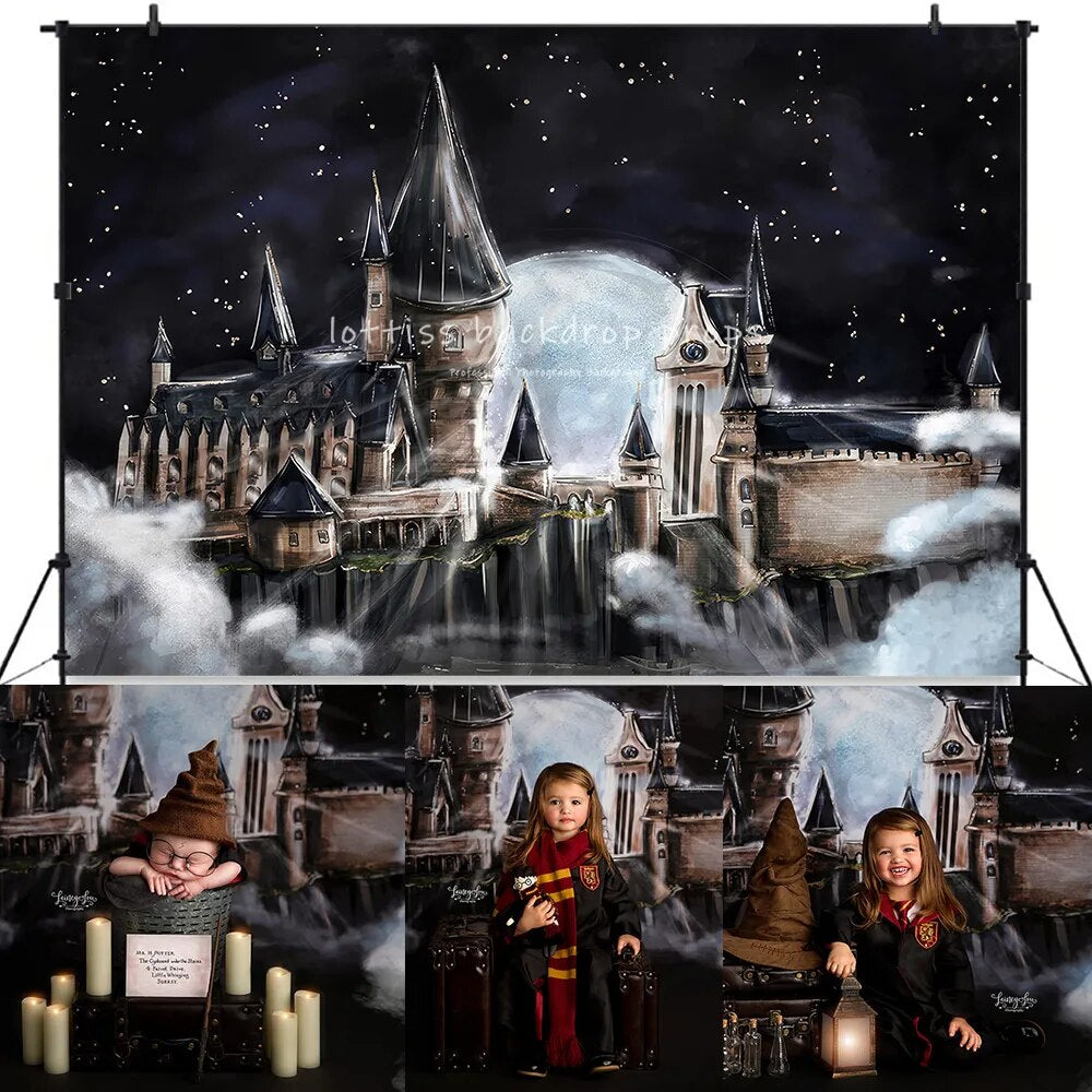 Wizard School Big Moon Backdrops Kids Cake Smash Birthday Photo Prop Baby Shower Magic Vallege Castle Photography Background