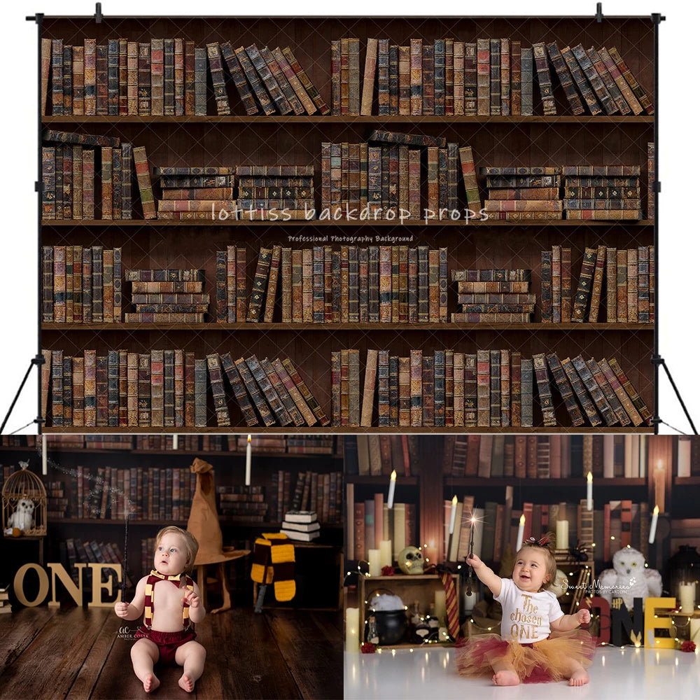 Book Shelf Library Backdrops Kids Baby Birthday Cake Smash Photocall Child Adult Photocall School Wizard Theme Backgrounds