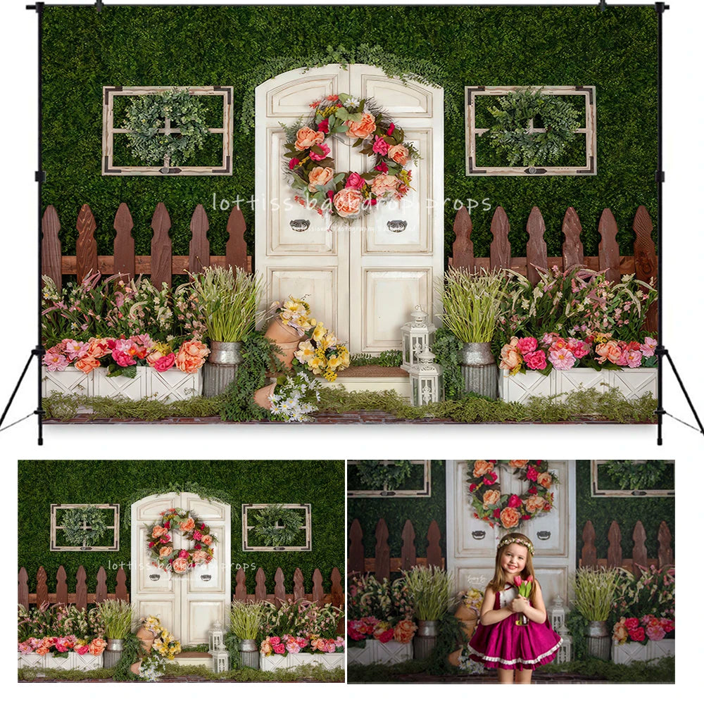 Cute as a Bunny Easter Backdrops Kids Baby Birthday Cake Smash Photocall Props Garden Door Wooden Entrance Backgrounds