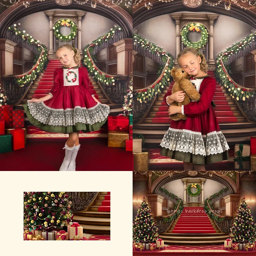 Grand Holiday Staircase Backdrops Kids Baby Photography Props Child Adult Photocall Christmas Castle Red Carpet Background