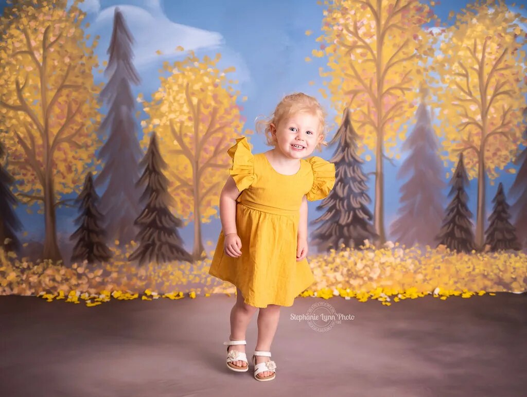 Arrière-plan de forêt d'automne pour enfants, photographie d'anniversaire de bébé, gâteau pour enfants et adultes, séance photo, feuilles d'automne jaunes, arrière-plan d'arbres 