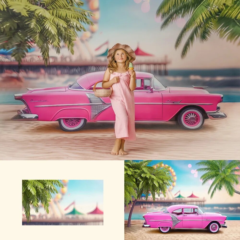 Summer Pink Luxury Car Beach Backdrops Kids Baby Photocall Portrait Photography Child Birthday Plam Trees Seaside Background