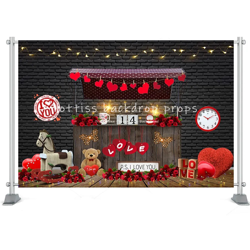 Valentine's Day Backdrop Brick Wall Wood Door Red Rose Heart Flower Shop Brick Wall Photo Background Studio Photoshoot Props