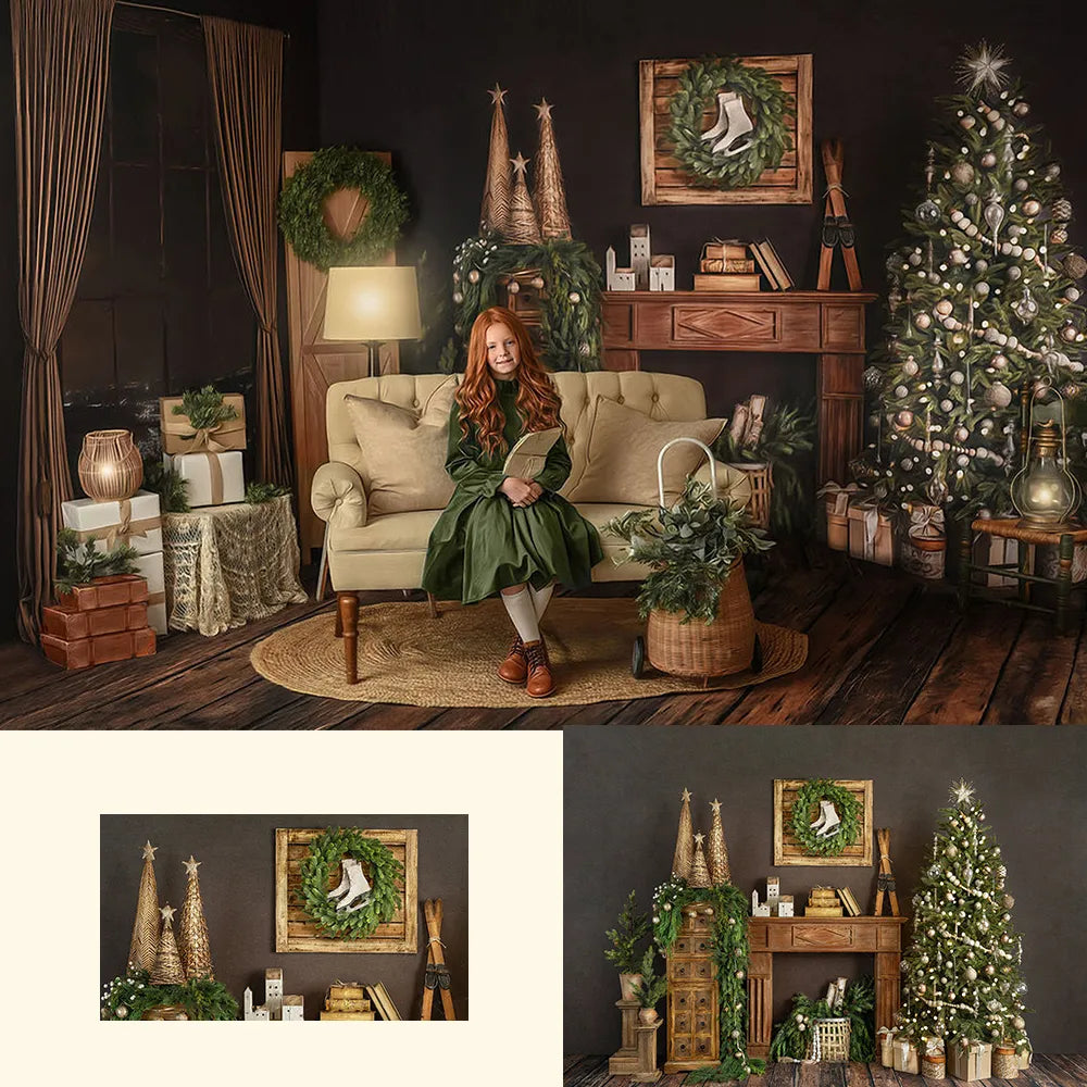 Winter Fun Xmas Festivities Fireplace Backdrops Girl Kids Portrait Props Christmas Trees Photography Background For Photostudio