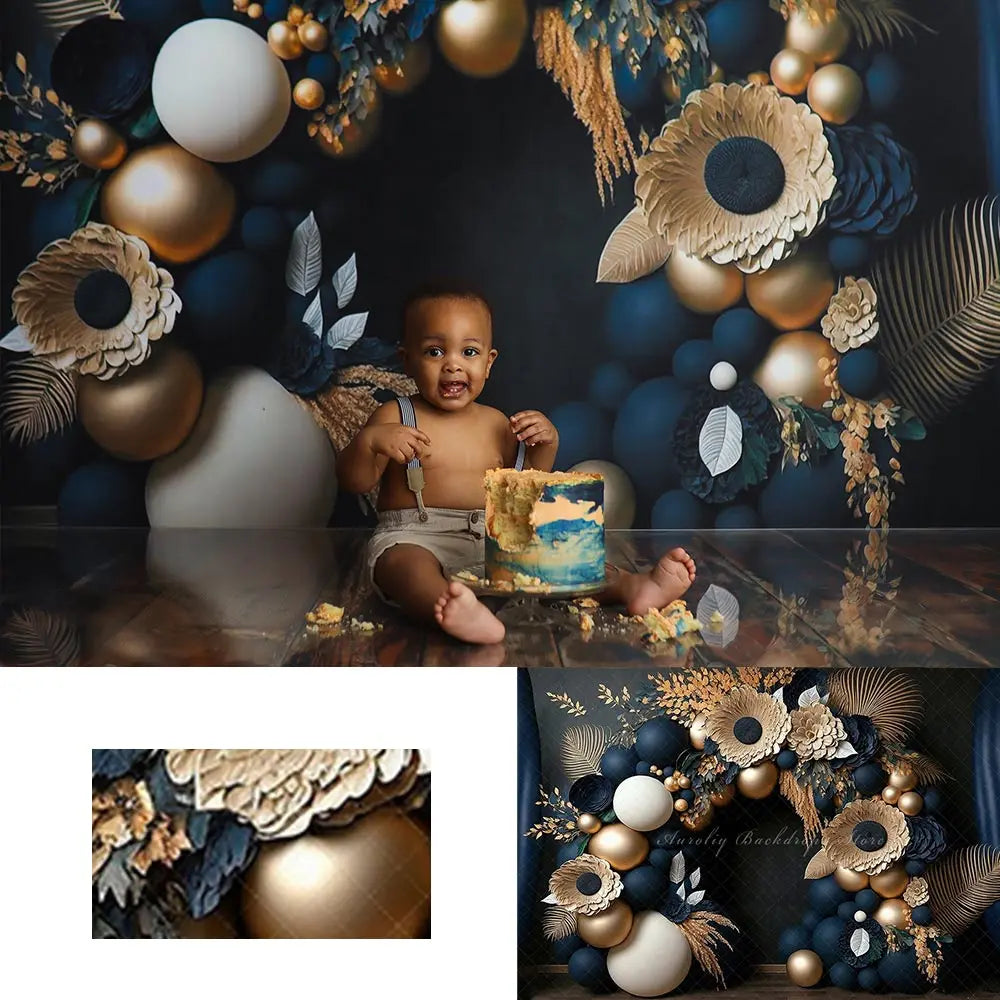 Navy Gold Floral Balloon Garland Backdrop Kids Baby Cake Smash Photography Props Child Boys Adult Birthday Backgrounds