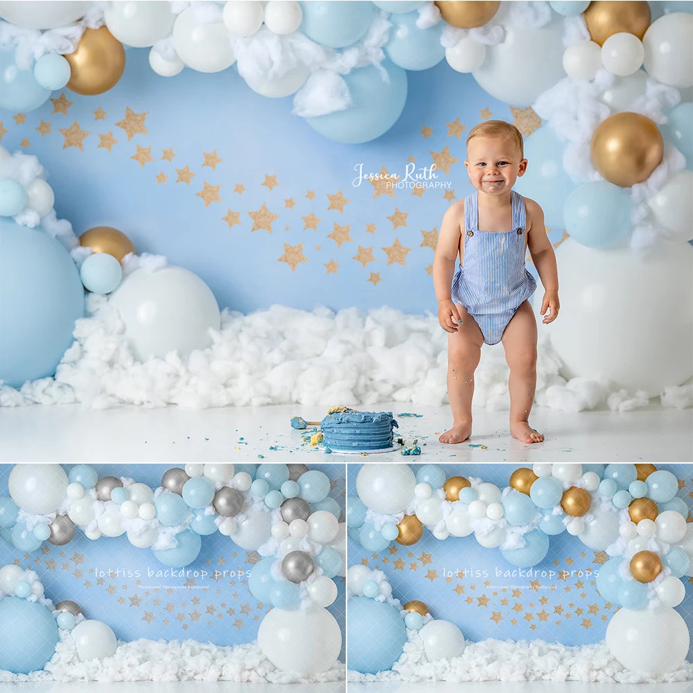 Skyblue Golden Balloons Photography Backdrops Child Boy Birthday Cake Smash Photocall Clouds Decors Backgrounds