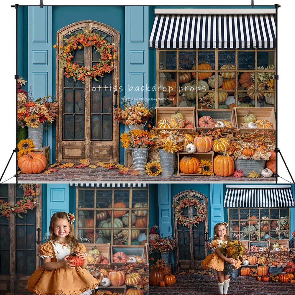 Fall Storefront Kids Girl Photography Child Baby Photocall Birthday Cake Smash Props Halloween Pumpkin Background