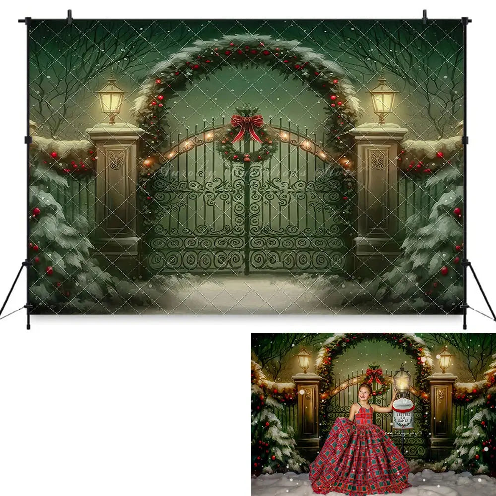 Christmas Emerald Holiday Gate Photo Backdrop Winter Snowy Kids Baby Cake Smash Photography Prop Child Adult Birthday Background