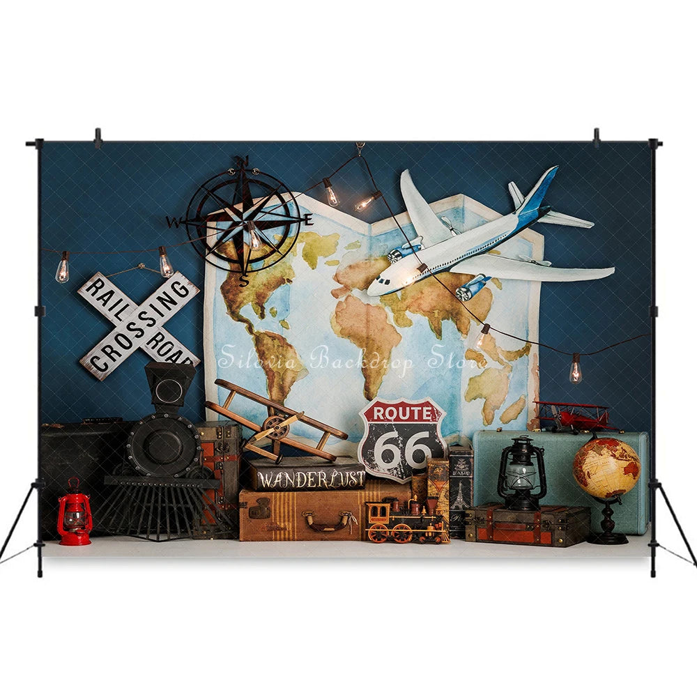 Worldwide Travelling Photography Backdrop Adventure Boy Birthday Cake Smash Photo Background Aircraft Map Photo Studio Props