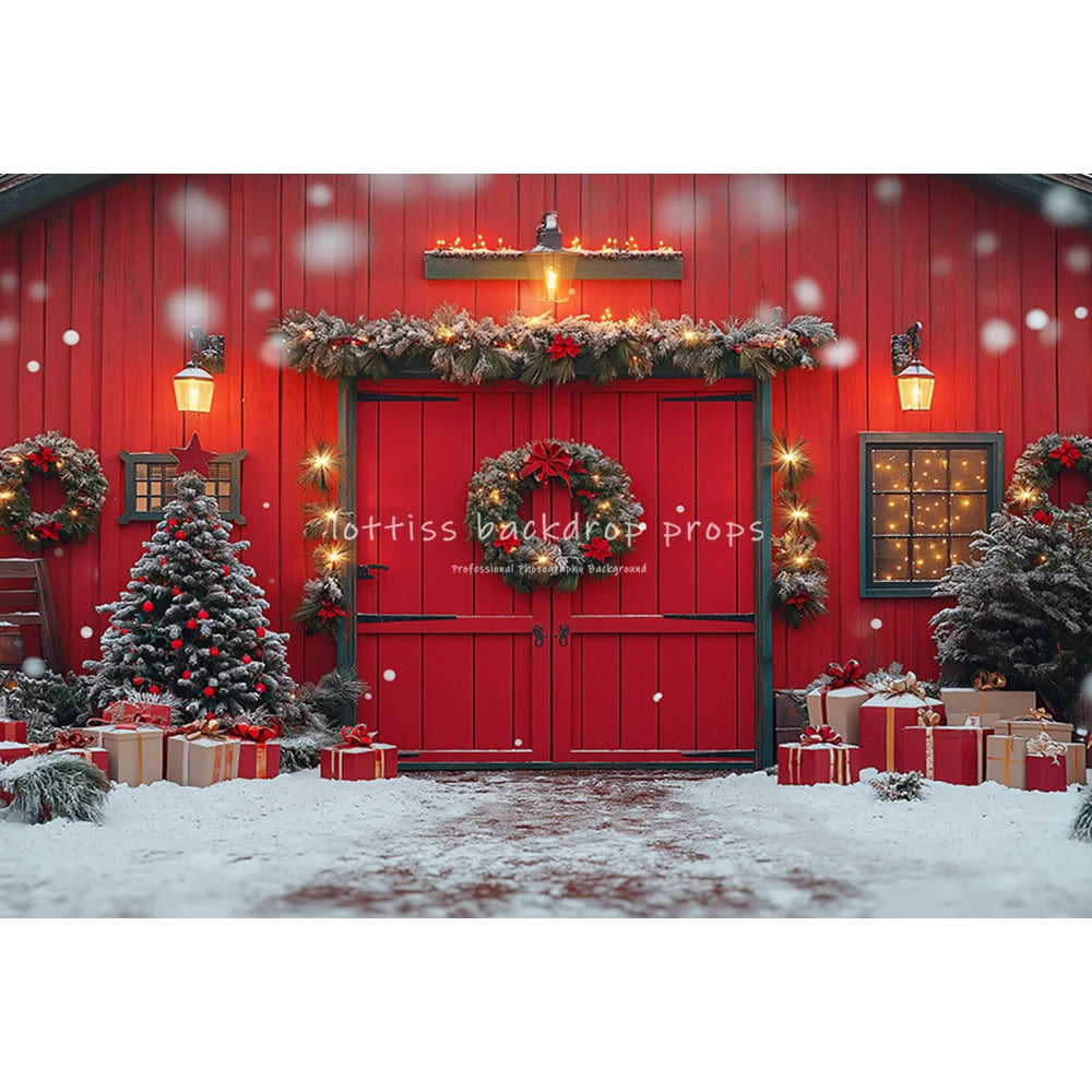 Red Wooden Barn Door Backdrops Kids Family Photography Child Baby Photocall Farm Xmas Trees Snowflake Wreath Cottage Backgrounds