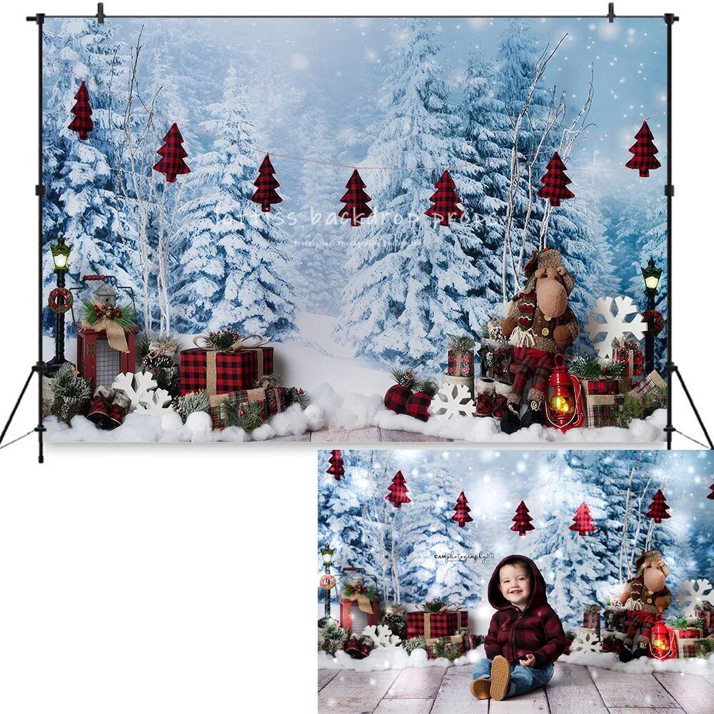 Xmas Sleigh Ride Backdrops Kids Baby Photography Props Adult Child Birthday Cake Smash Decors Christmas Snowy Forest Background