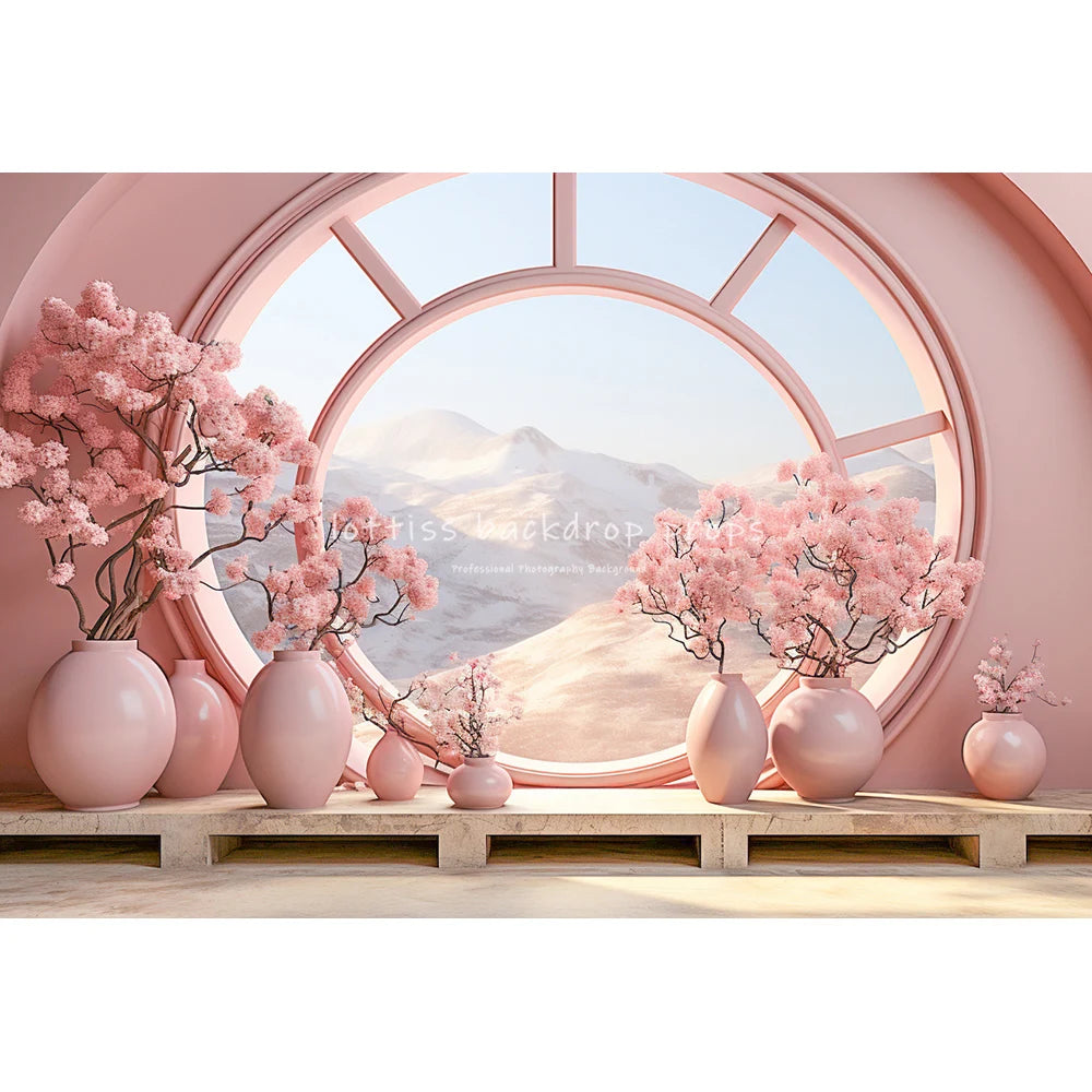 Spring Windows Backdrops Kids Girl Photography Child Adult Photocall Roses Vases Room With Pink Curtains Garden Backgrounds