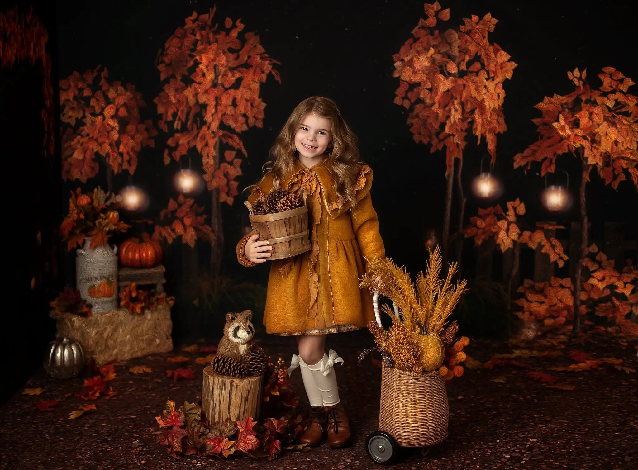 Arrière-plan de forêt d'automne de minuit, accessoires de photographie pour enfants et adultes, décors de gâteaux d'anniversaire pour bébés et enfants, arrière-plan de forêt d'automne et d'halloween 