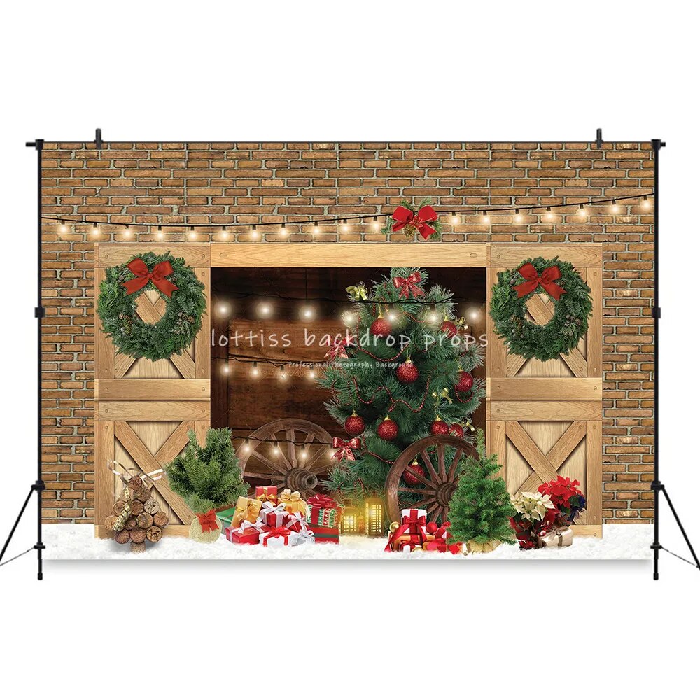 Farm Barn Door Christmas Backdrop Gifts Snowy Winter Xmas Tree Background Adult Family Baby Photocall Photostudio Props