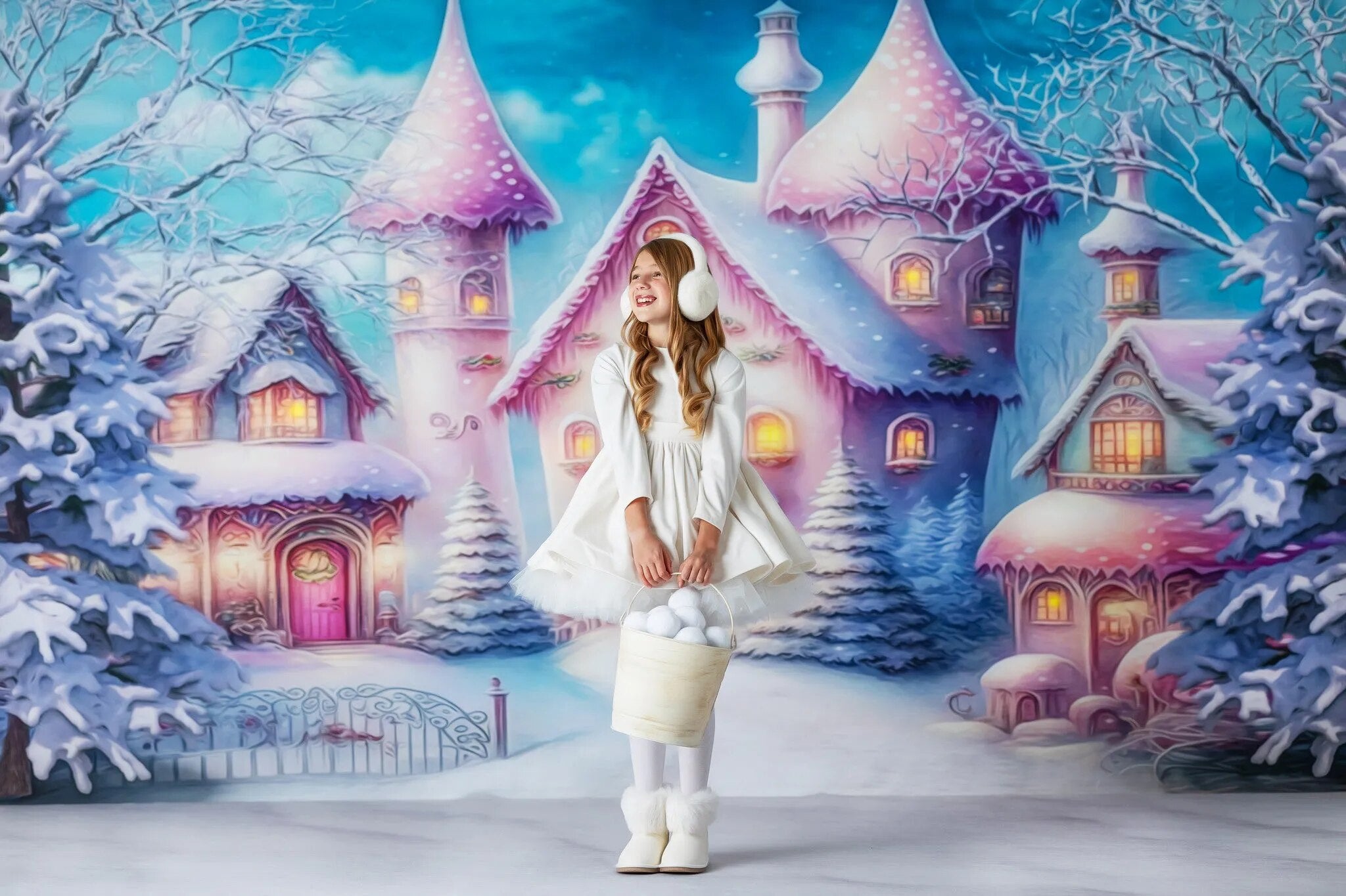 Colorful Snowy Village Backdrop Kids Adult Photography Child Baby Photocall Props Winter Christmas Snowflake Castle Background