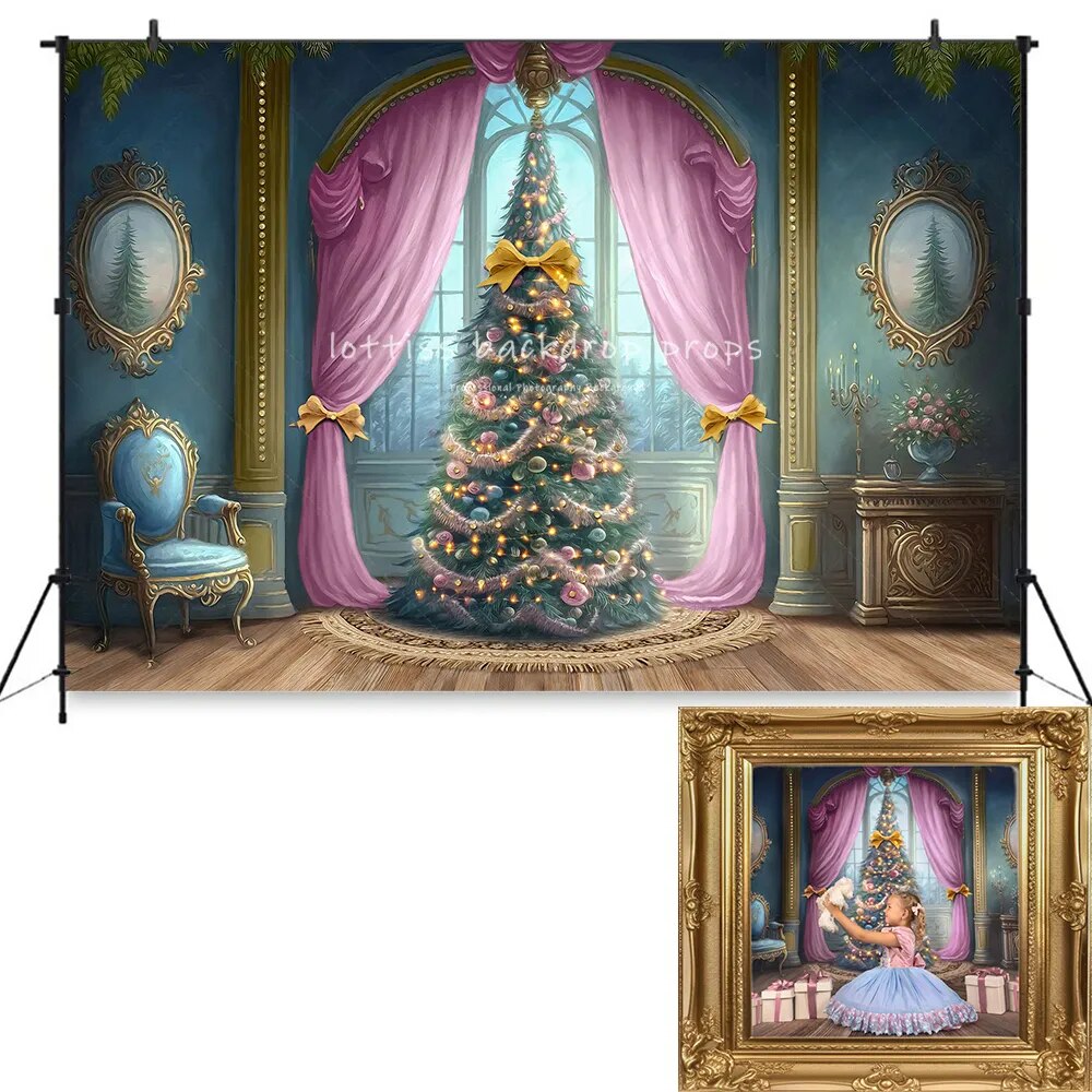 Christmas Wishes Pink Curtains Backdrops Kids Baby Photography Props Adult Child Photocall Xmas Trees Background