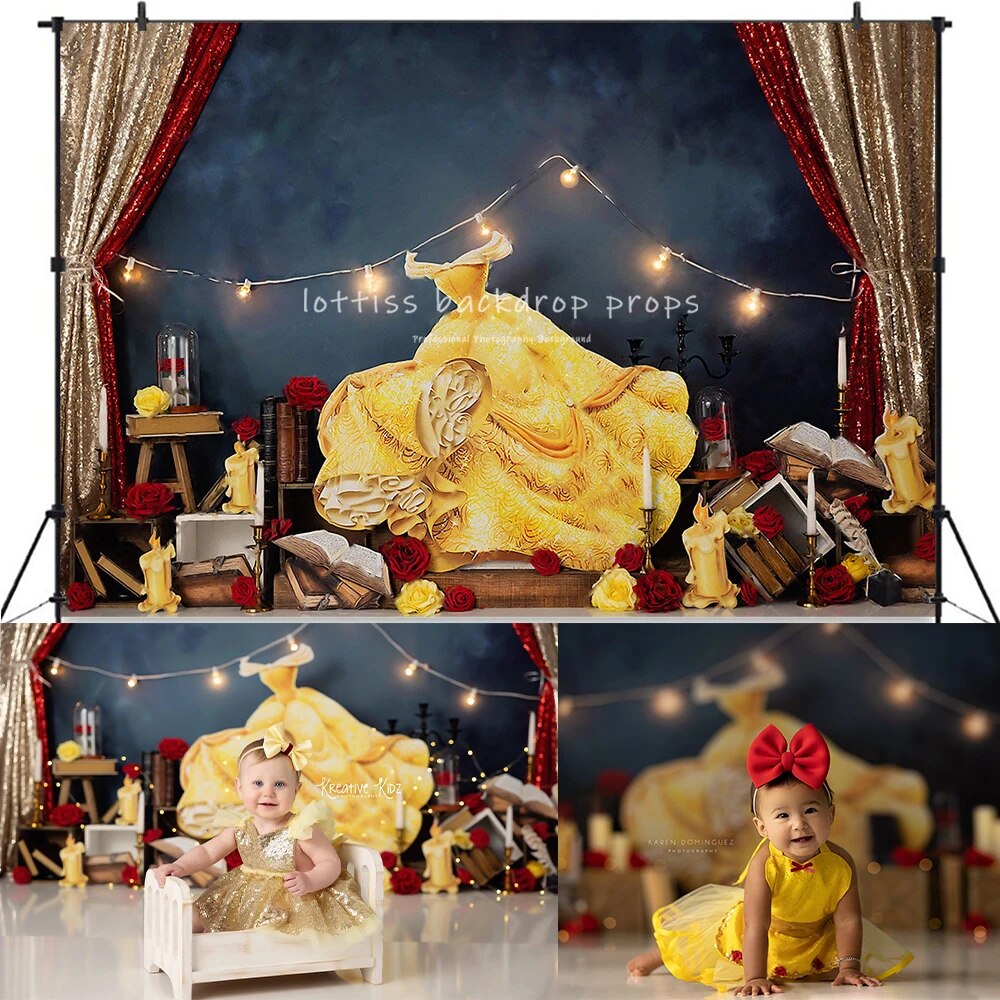 Belle Of The Ball Backdrops Kids Girl Cake Smash Birthday Photography Props Child Baby Gold Dress Party Background