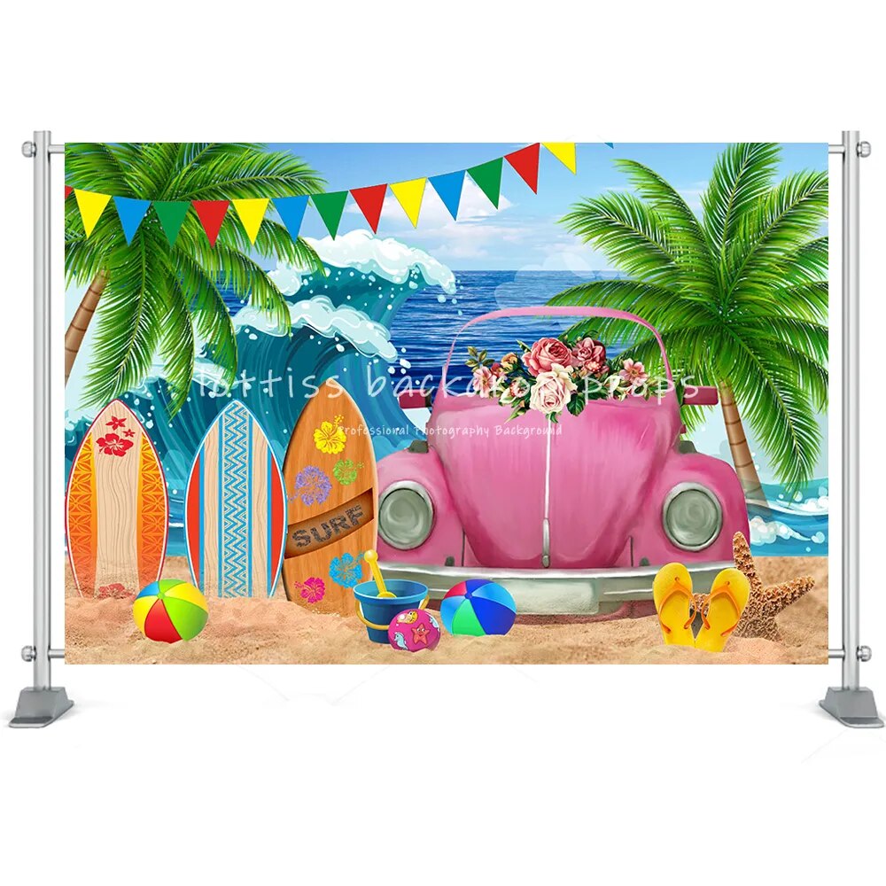 Summer Beach Backdrop Surfboard Van Palm Tree Holiday Seaside Toy Kids Newborn Portrait Customized Photography Background