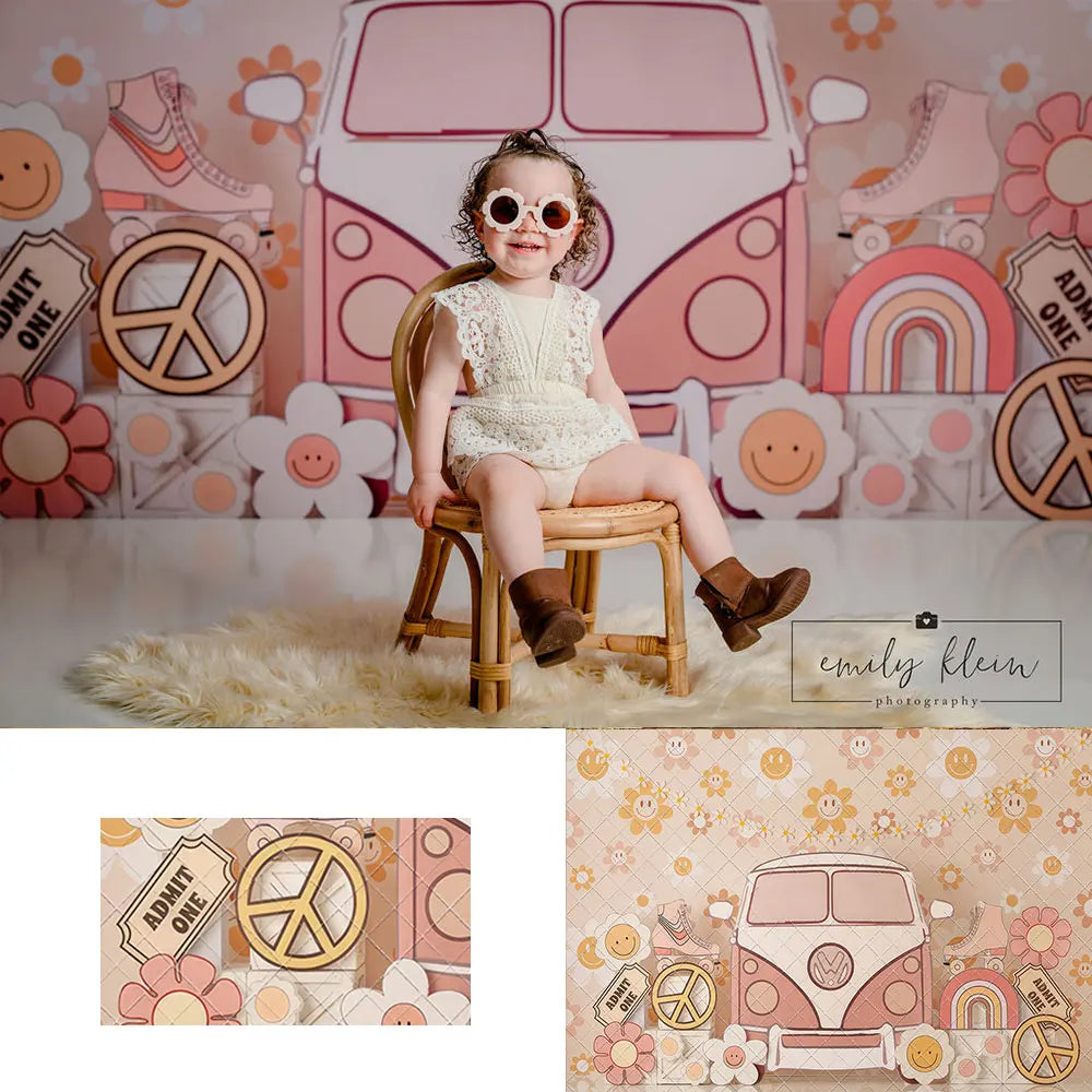 Back to the 70s Photography Backdrop Kids Baby Shower Photo Decor Pink Retro Bus Child Birthday Cake Smash Photostudio Props