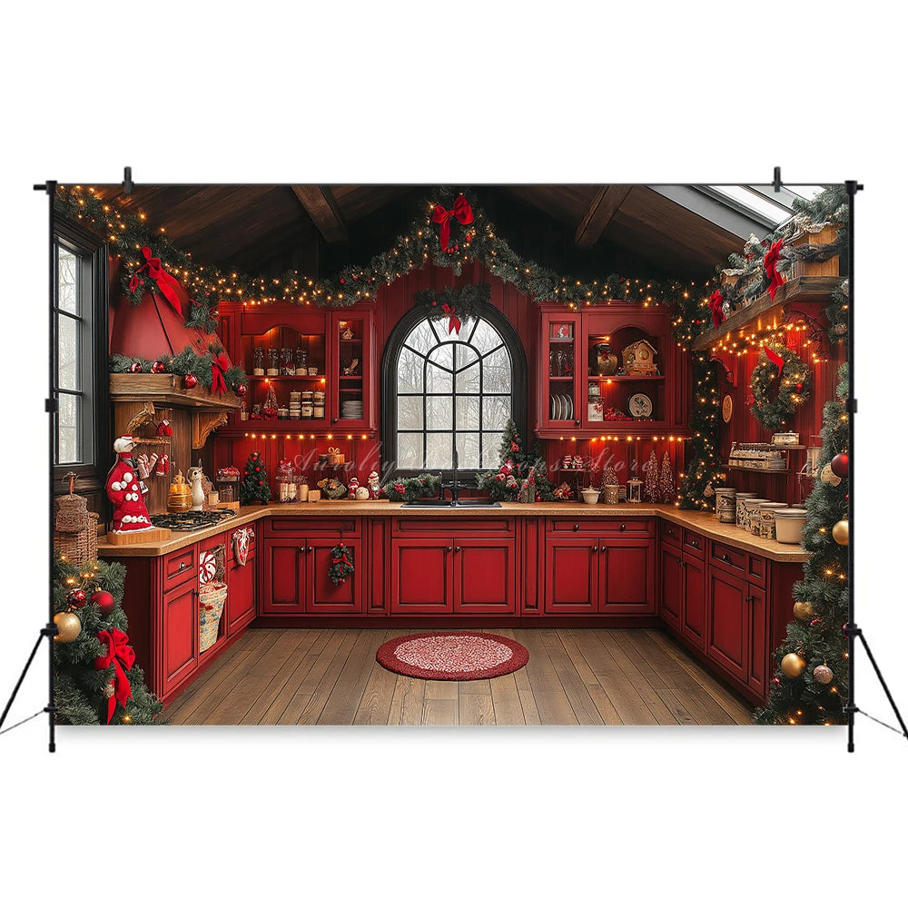 Christmas Red Kitchen With Gingerbread House Backdrop Green Cabinet Kids Baby Cake Smash Photography Props Studio Backgrounds