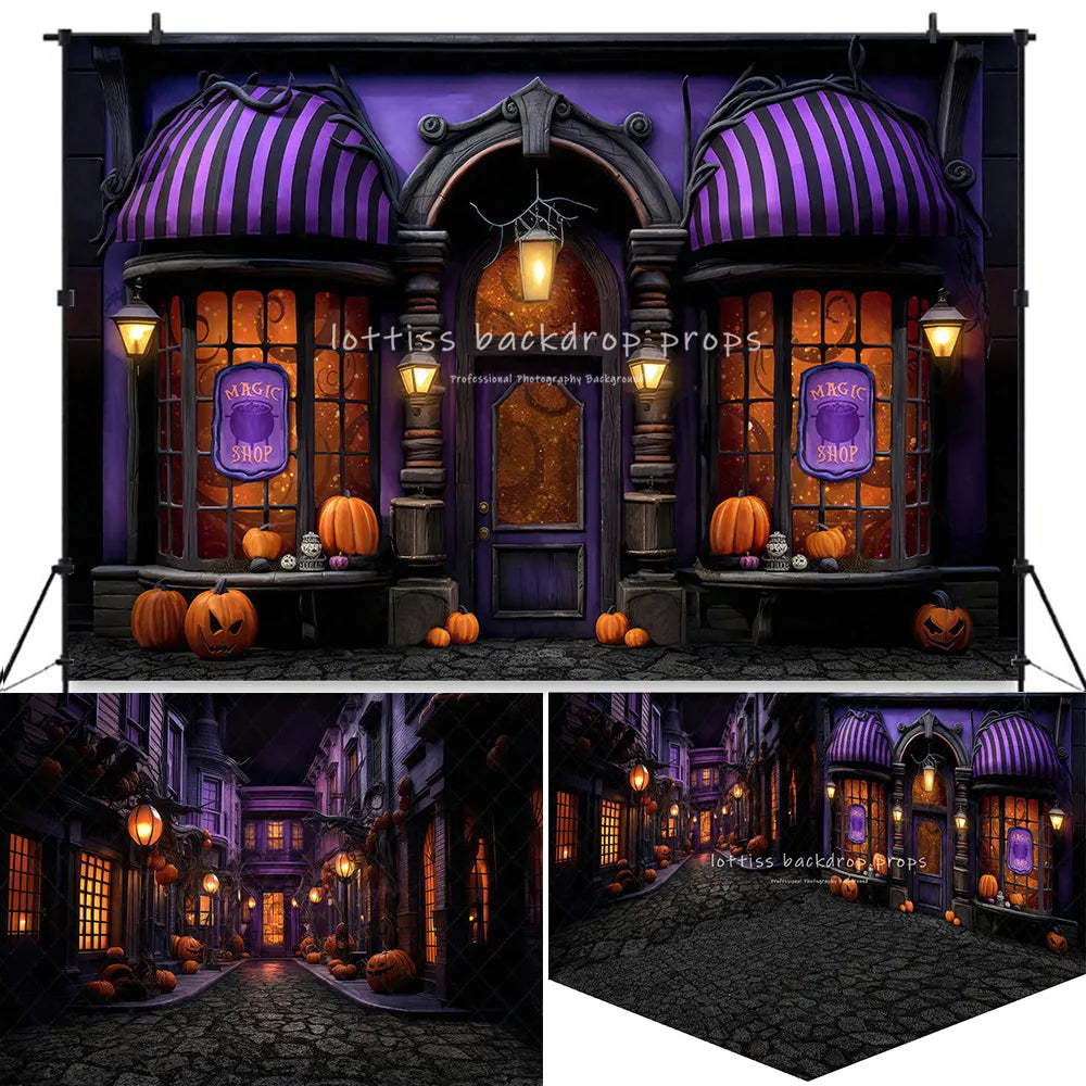 Arrière-plan de rue hantée d'halloween, accessoires de photographie pour enfants, décors de Festival pour enfants et adultes, arrière-plan avant de boutique magique 