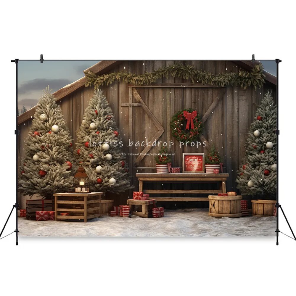 Winter Rustic Backdrops Kids Baby Photography Props Child Adult Photocall Decors Christmas Trees Snowy Town Background