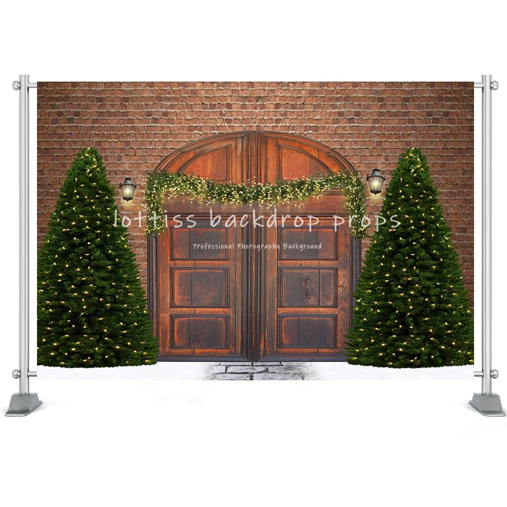 Christmas House Barn Door Backgrounds Photography Winter Trees Wreath Party Props Kids Famiy Portrait Backdrops Props