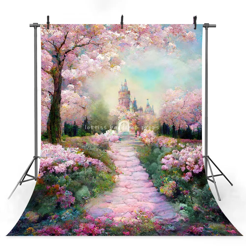 Pastel Wonderland Castle Backdrops Kids Girl Photography Props Child Baby Birthday Decors Floral Garden Road Background