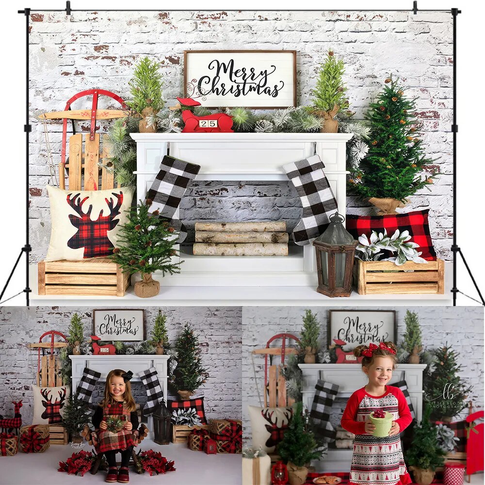 Farmhouse Christmas Fireplace Backdrops Kids Baby Photography Props Festival Girl Adult Family Xmas Trees Background