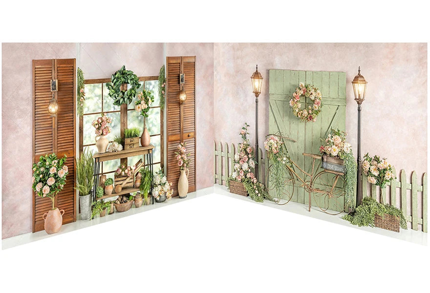 Floal Door Spring Theme Backdrops Kids Girl Photography Child Adult Photocall Flower Wooden Door Rose Plants Backgrounds