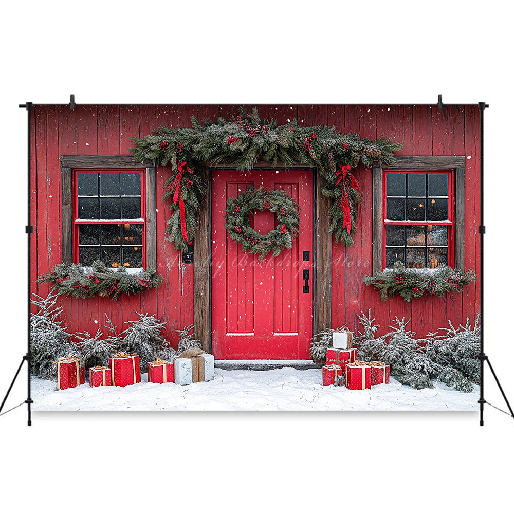 Christmas Red Door With Wreaths And Garlands Photography Backdrop Baby Kids Portrait Family Party Photocall Studio Backgrounds