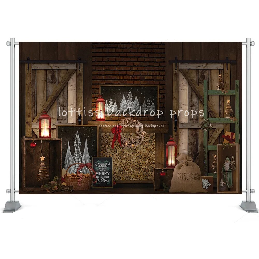 Christmas Fireplace Backdrop For Photography Xmas Wooden House Toys Trees Window Wood Floor Child Portrait Background Props