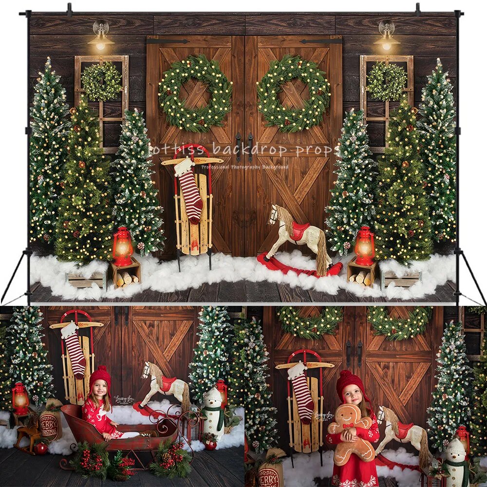 Christmas Barn Door Backdrops Kids Adult Photography Decors Baby Birthday Cake Smash Props Xmas Winter Background