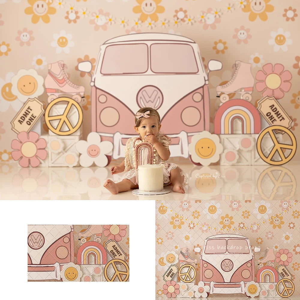 Spring Floral Bus Backdrops Kids Baby Photography Props Child Adult Photocall Decors Flower Cake Smash Birthday Backgrounds