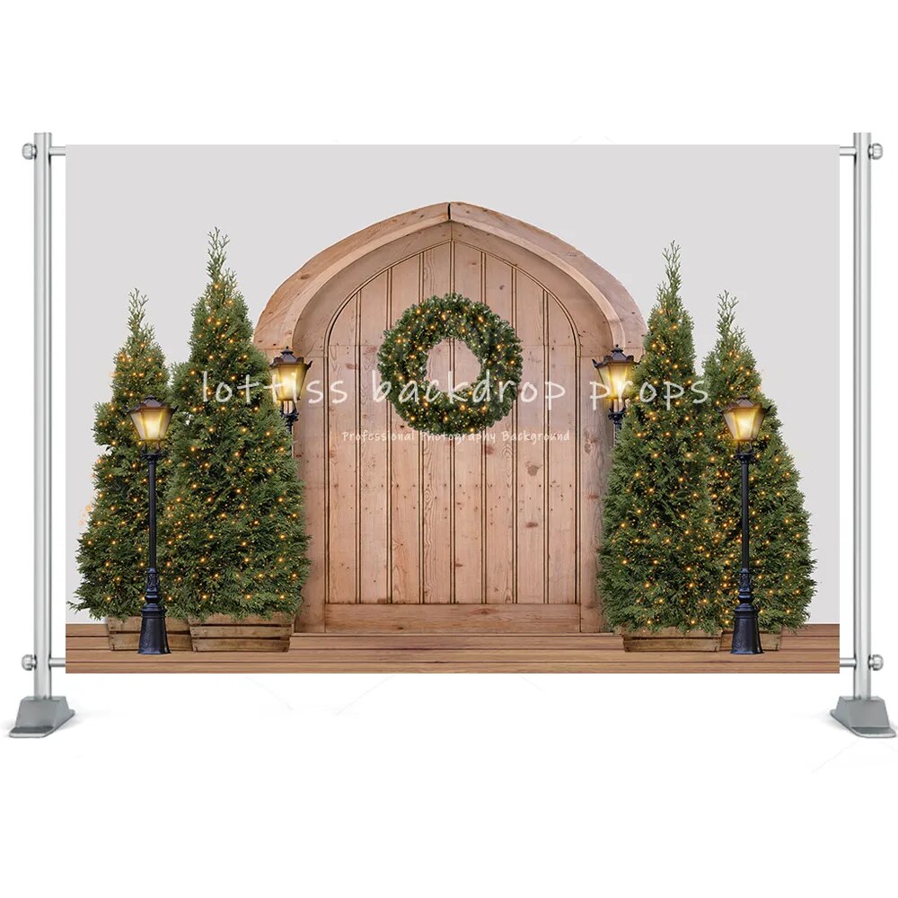 Christmas House Barn Door Backgrounds Photography Winter Trees Wreath Party Props Kids Famiy Portrait Backdrops Props