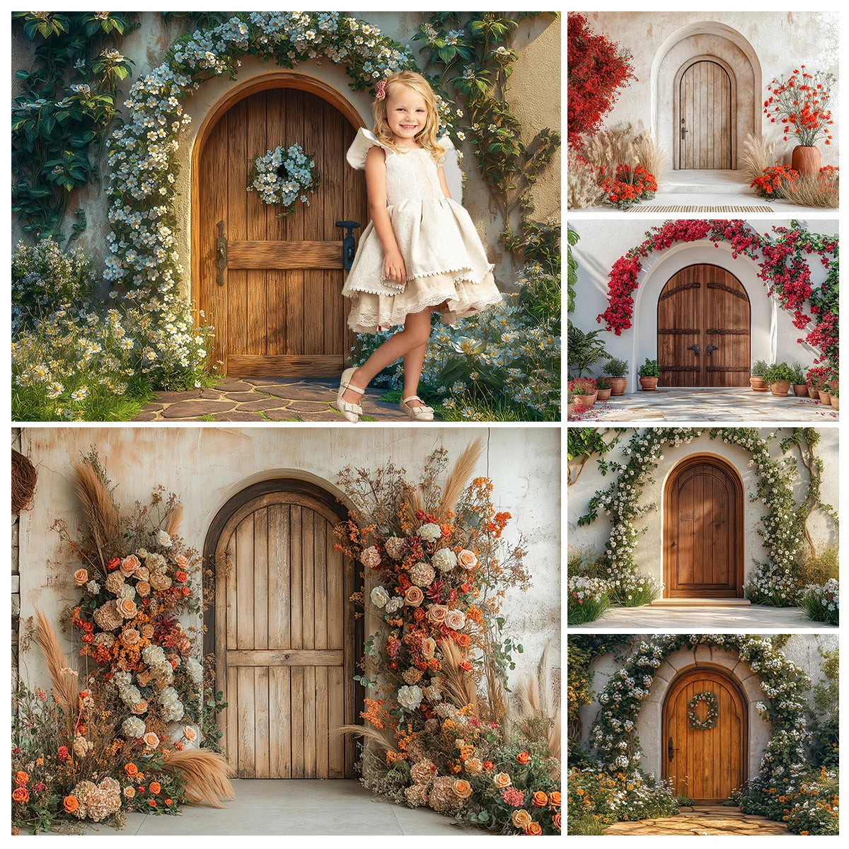 Garden Wooden Doors Backdrops Kids Baby Photography Child Cake Smash Woman Photocall Decors Spring Backgrounds