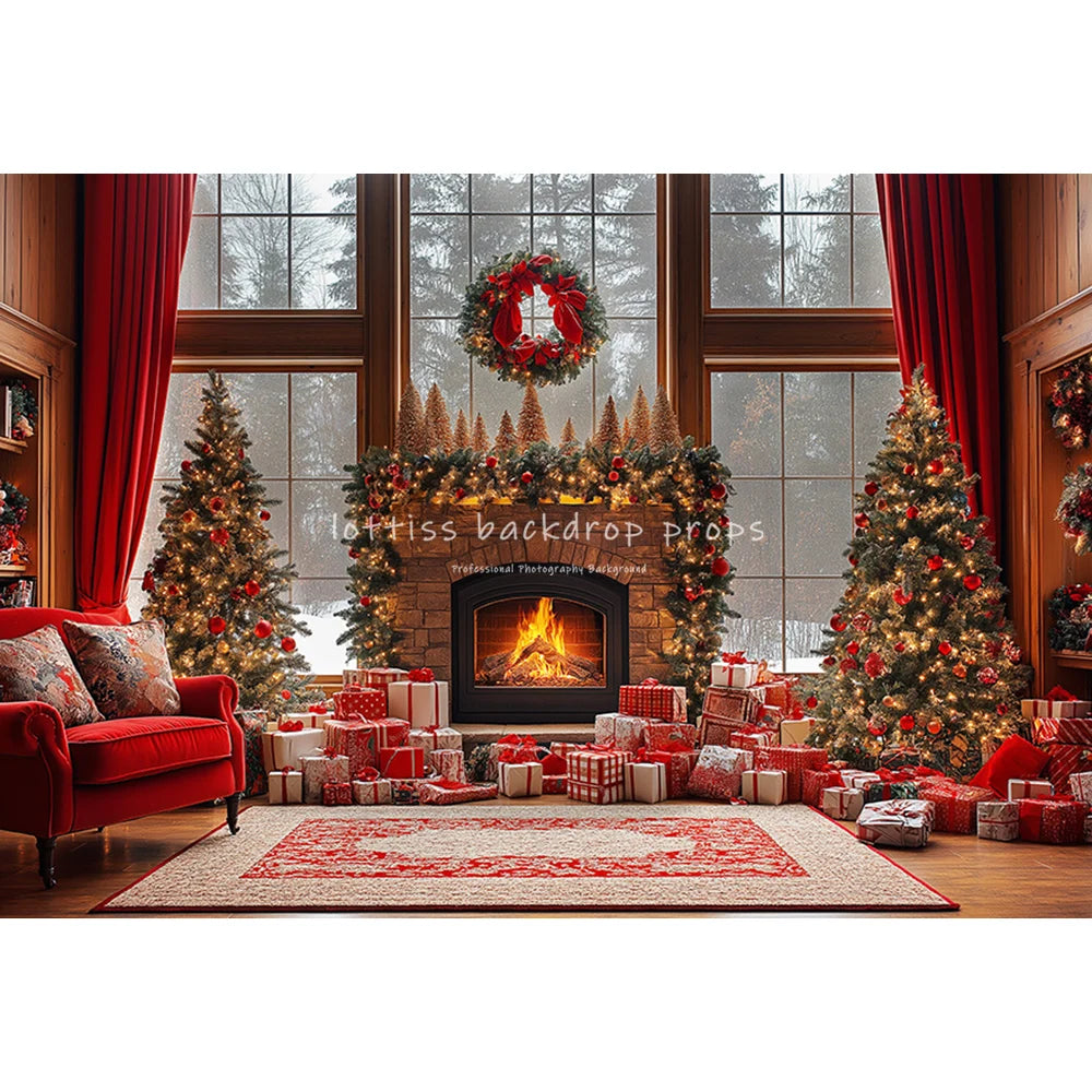 Christmas Windows Santa Fireplace Backdrops Kids Adult Child Baby Photocall Xmas Trees Living Room Red Curtains Backgrounds